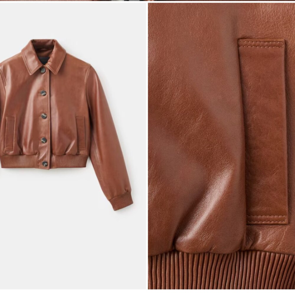 Mango Brown Leather Bomber Jacket - Picture 2 of 5